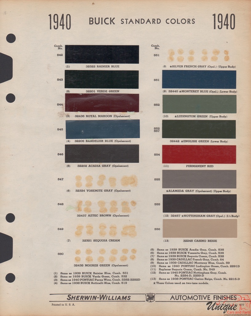 1940 Buick Paint Charts Williams 1